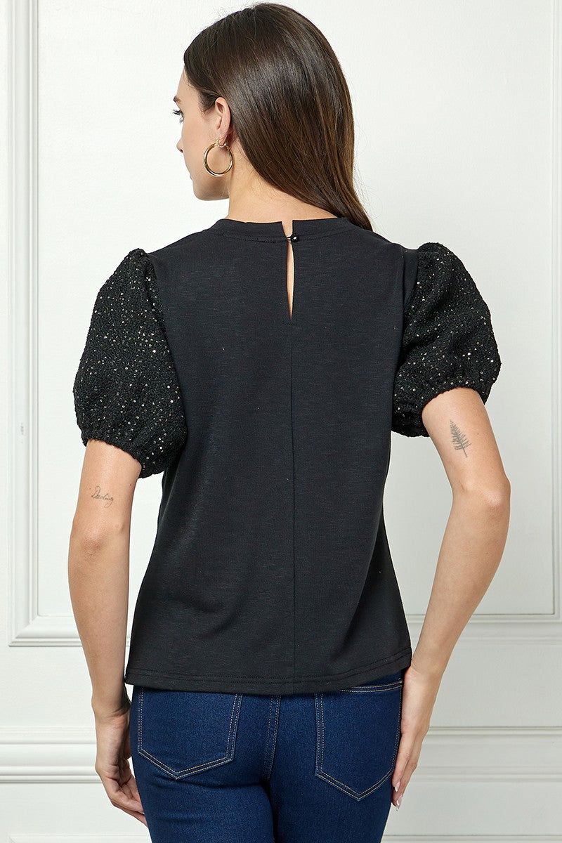 BLACK ROUND NECK SEQUIN PUFF SHORT SLEEVES DETAILED KNIT TOP AVT51169K