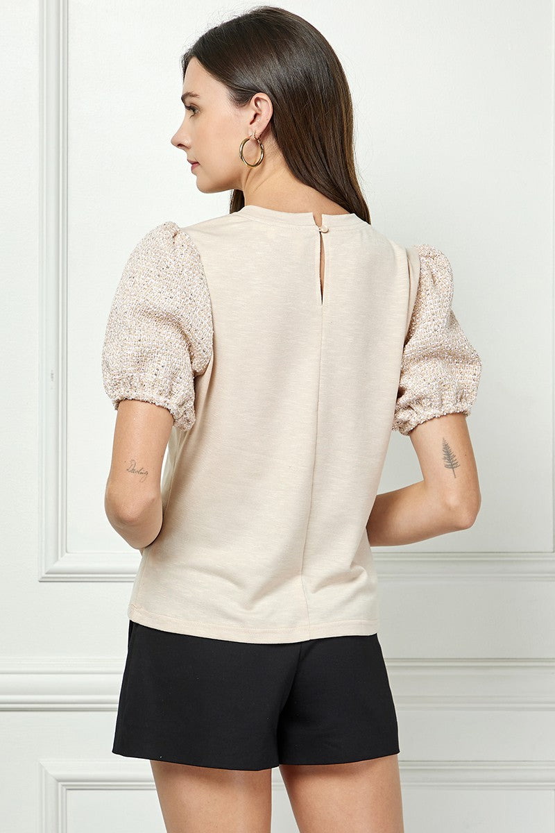 TAUPE ROUND NECK SEQUIN PUFF SHORT SLEEVES DETAILED KNIT TOP AVT51169K