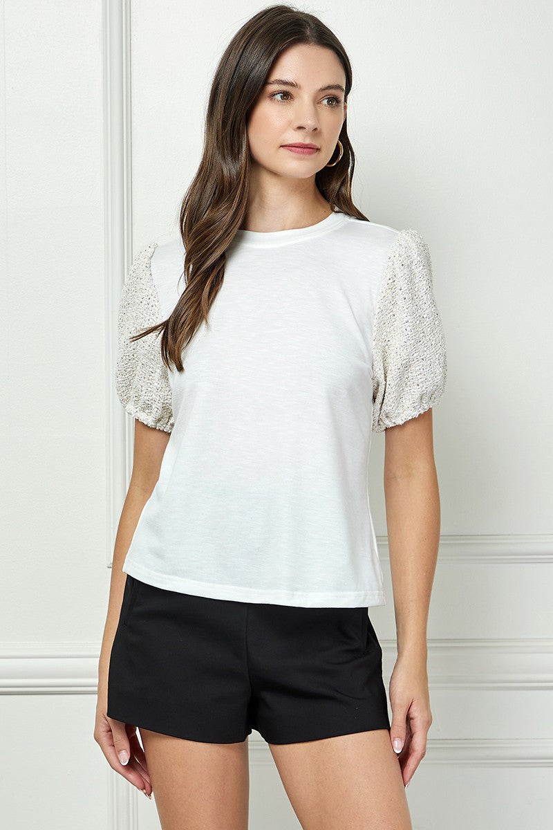 WHITE ROUND NECK SEQUIN PUFF SHORT SLEEVES DETAILED KNIT TOP AVT51169K