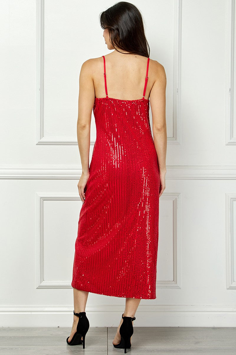 RED SEQUIN SPAGHETTI STRAP RIGHT LEG SLITS MIDI DRESS AVM51914W