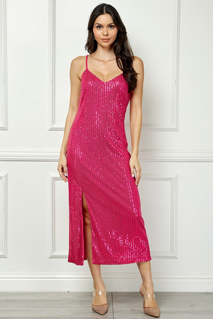 MAGENTA SEQUIN SPAGHETTI STRAP RIGHT LEG SLITS MIDI DRESS AVM51914W