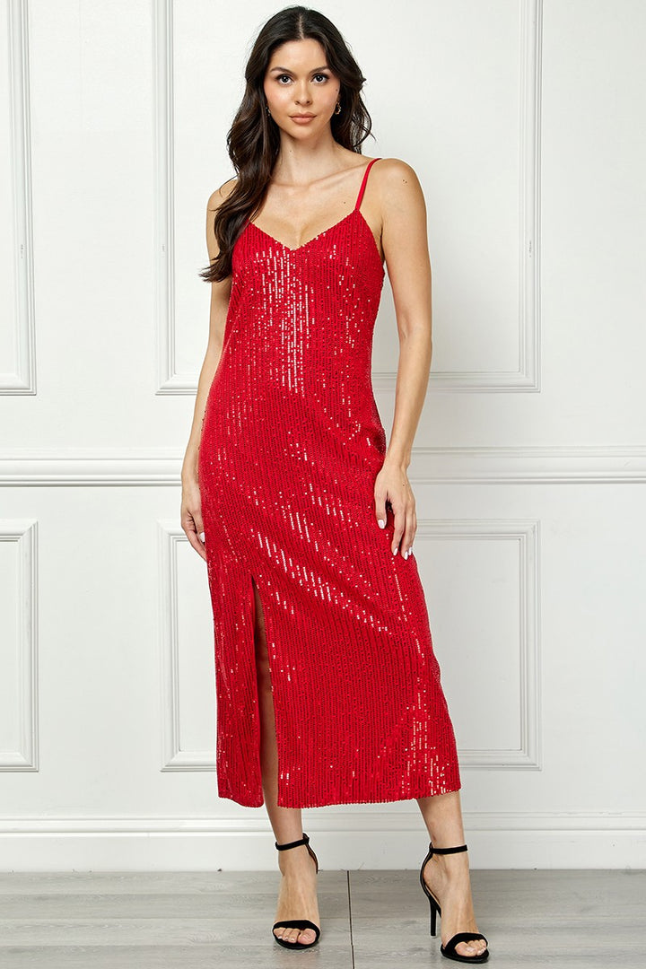 RED SEQUIN SPAGHETTI STRAP RIGHT LEG SLITS MIDI DRESS AVM51914W