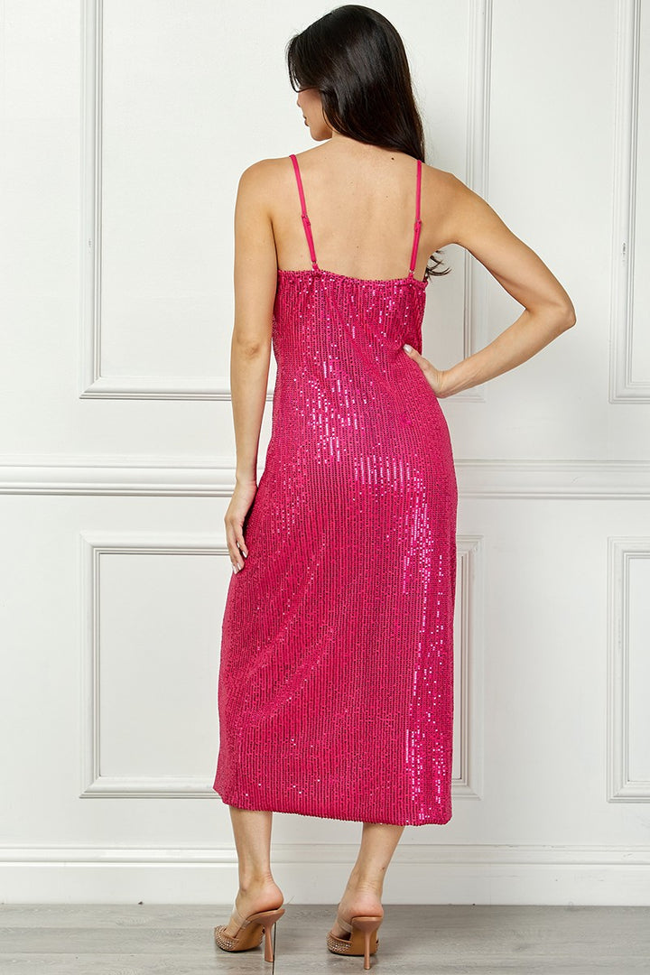 MAGENTA SEQUIN SPAGHETTI STRAP RIGHT LEG SLITS MIDI DRESS AVM51914W