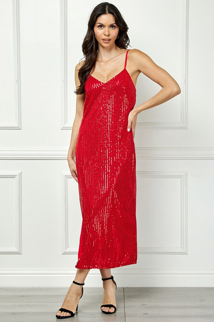 RED SEQUIN SPAGHETTI STRAP RIGHT LEG SLITS MIDI DRESS AVM51914W