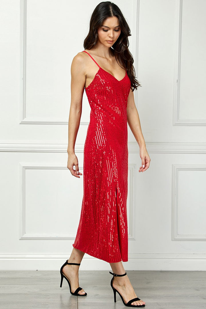 RED SEQUIN SPAGHETTI STRAP RIGHT LEG SLITS MIDI DRESS AVM51914W