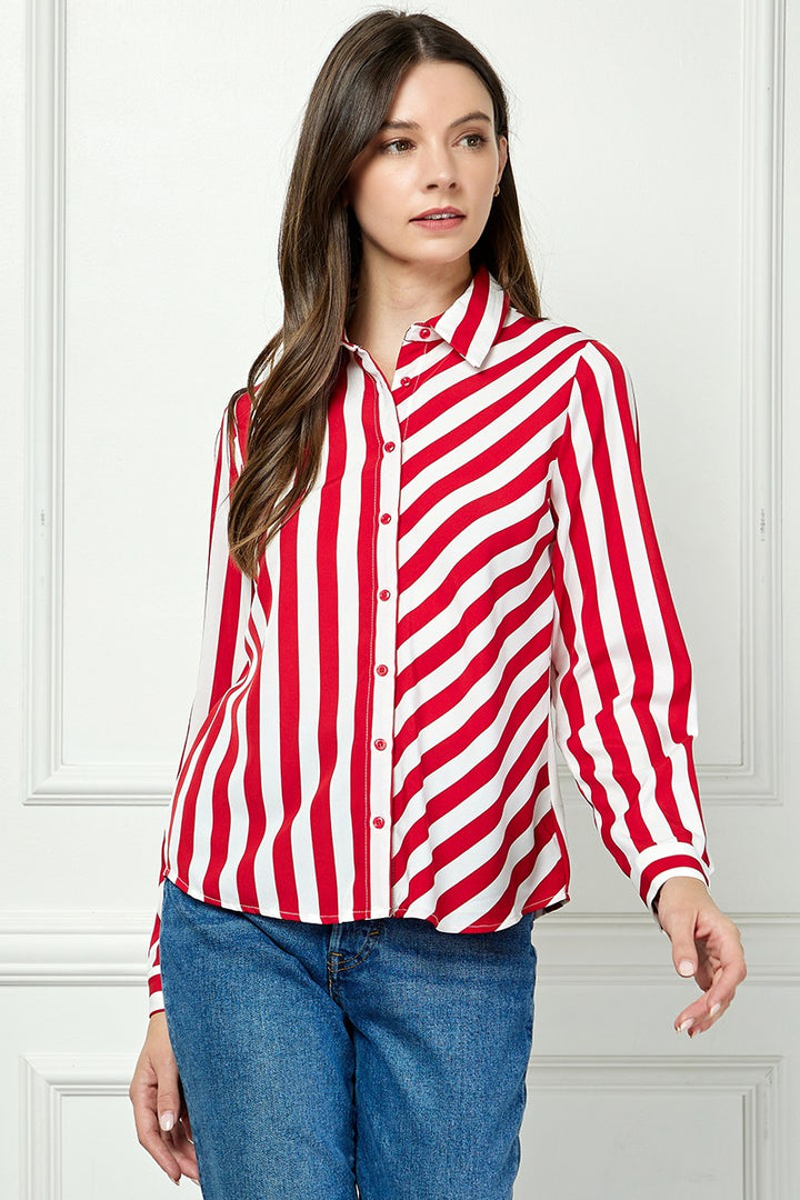 RED STRIPE COLLARED LONG SLEEVES TOP AVB51207W