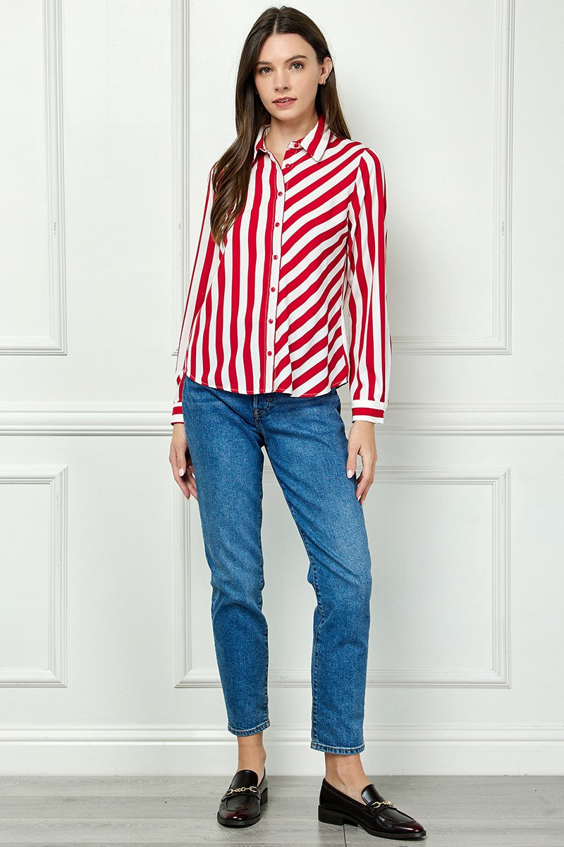 RED STRIPE COLLARED LONG SLEEVES TOP AVB51207W