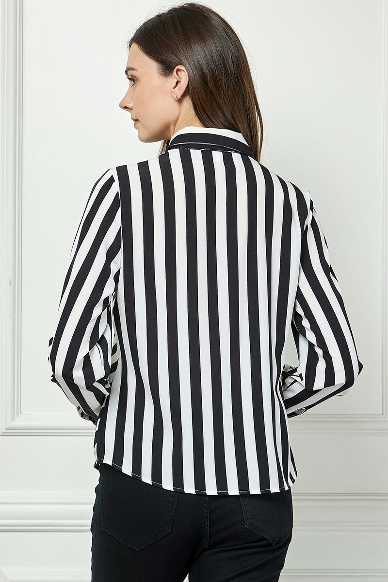 BLACK STRIPE COLLARED LONG SLEEVES TOP AVB51207W