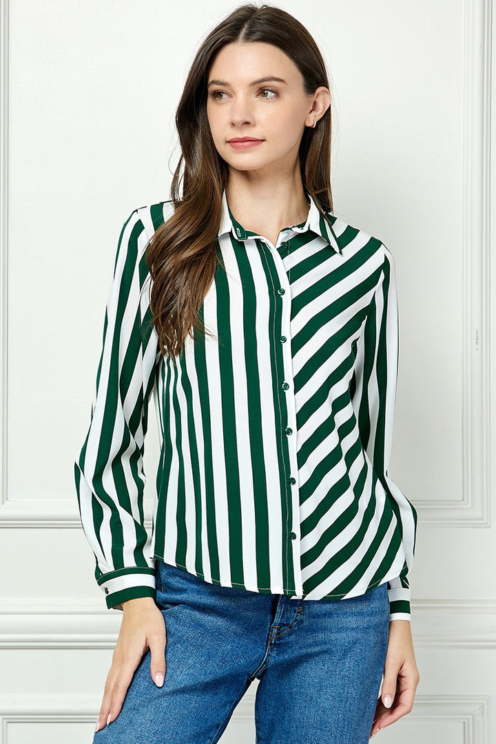 GREEN STRIPE COLLARED LONG SLEEVES TOP AVB51207W