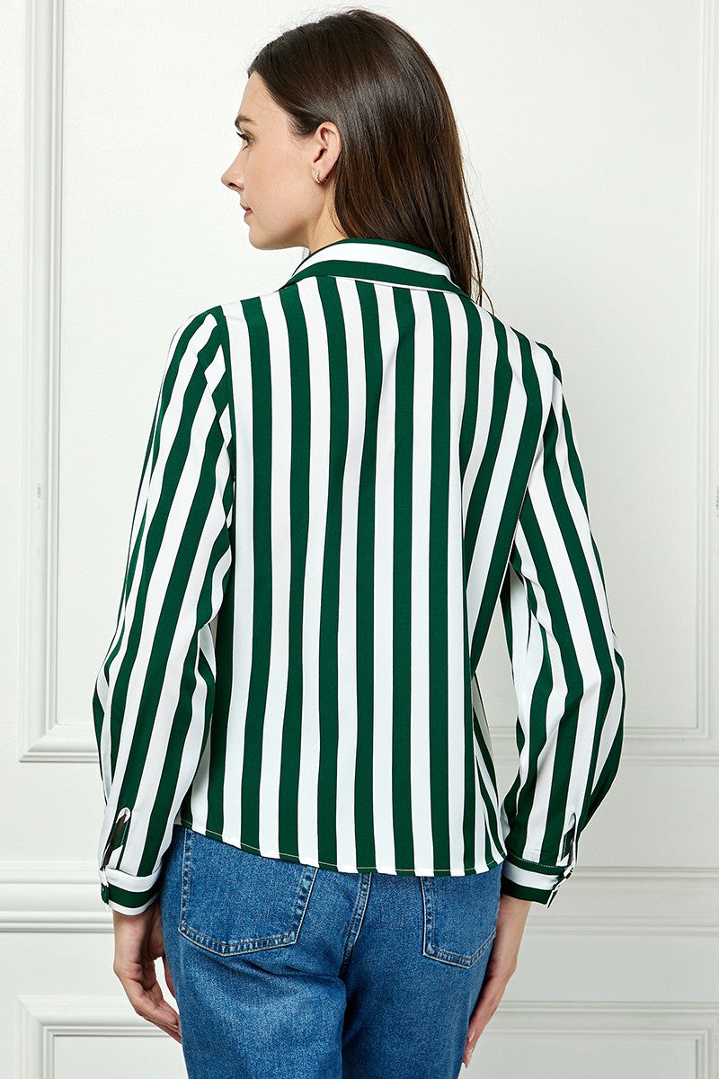 GREEN STRIPE COLLARED LONG SLEEVES TOP AVB51207W