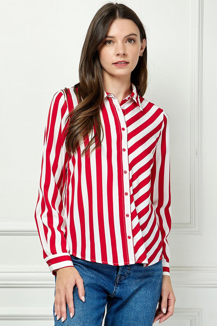 RED STRIPE COLLARED LONG SLEEVES TOP AVB51207W