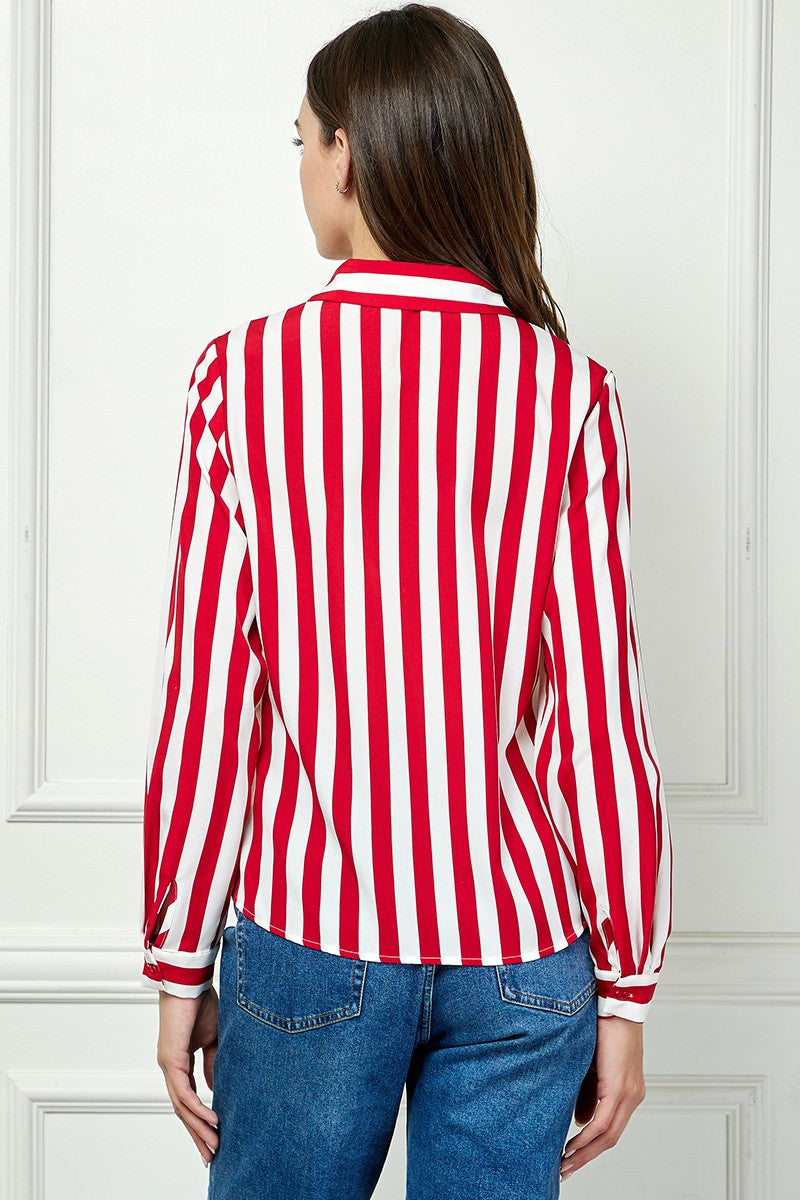 RED STRIPE COLLARED LONG SLEEVES TOP AVB51207W