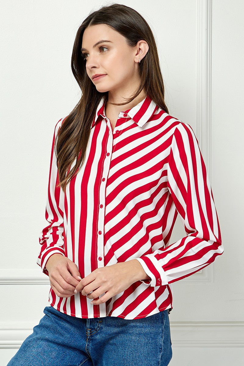 RED STRIPE COLLARED LONG SLEEVES TOP AVB51207W