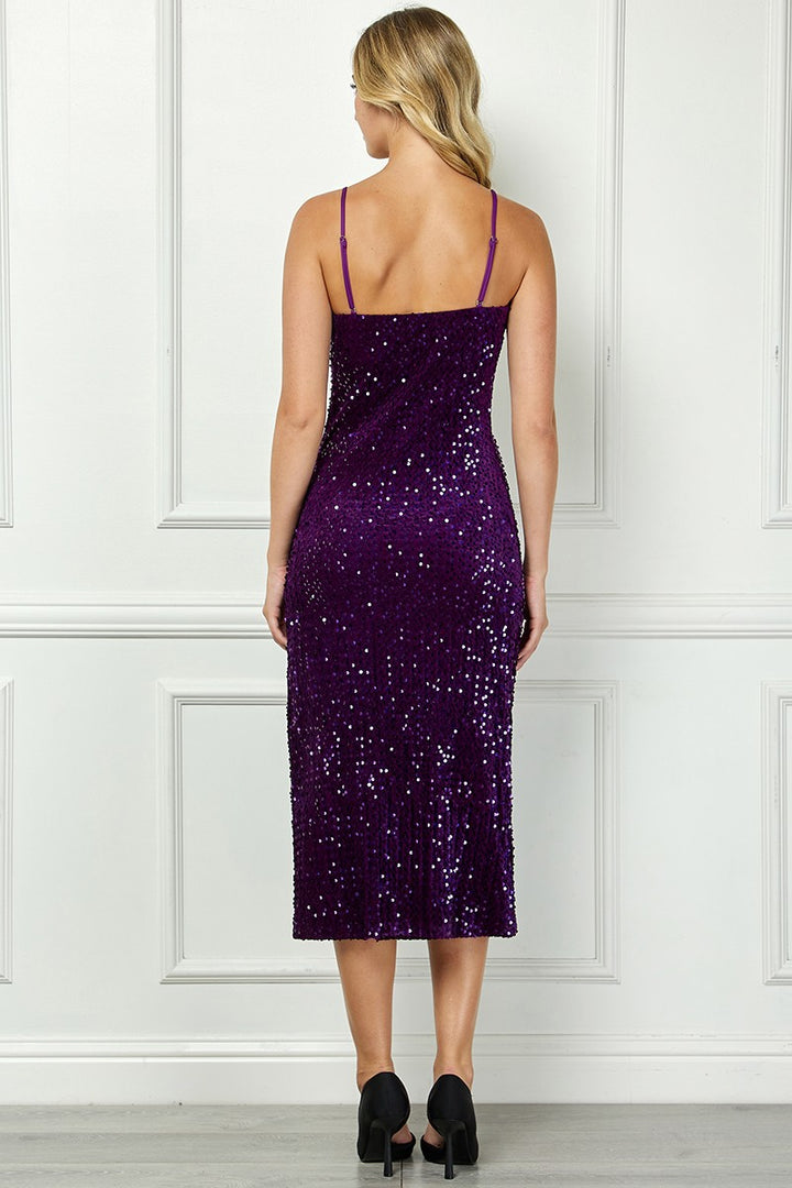 PURPLE VELVET SEQUIN SPAGHETTI STRAP LEG SLITS MIDI DRESS AVD51910W