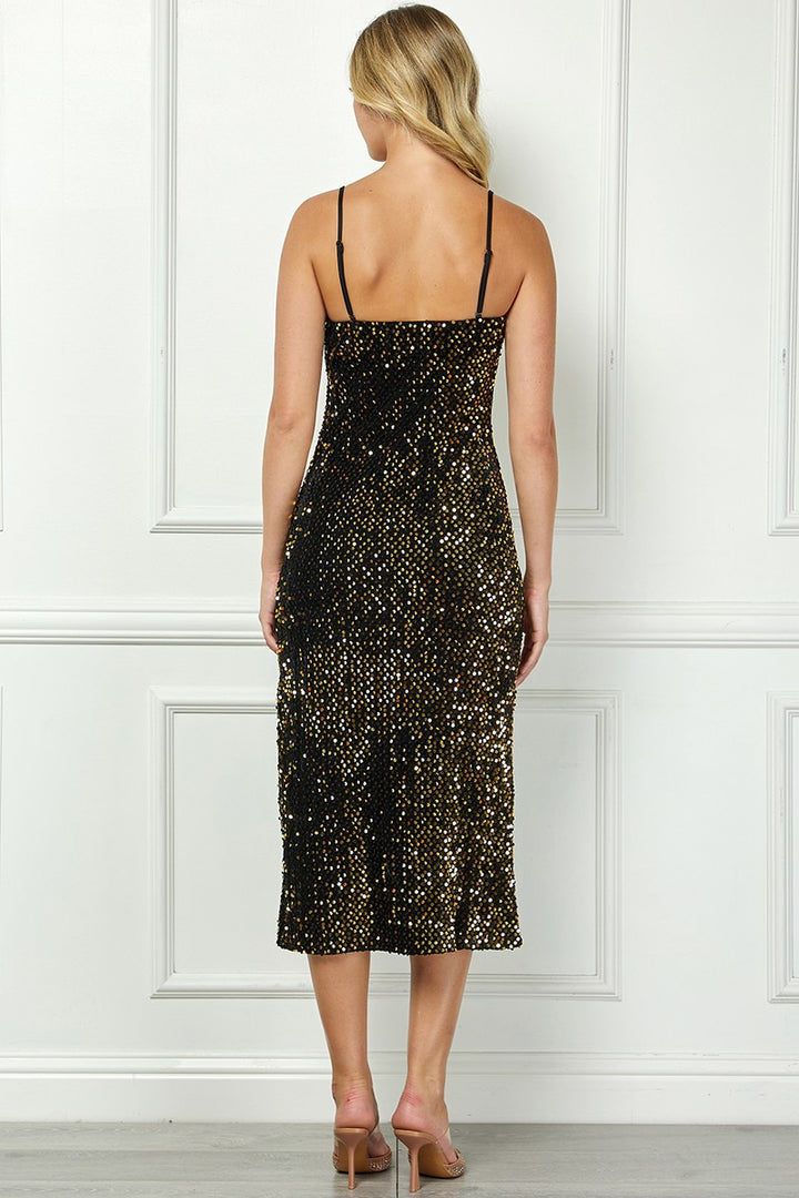 BLACK/GOLD VELVET SEQUIN SPAGHETTI STRAP LEG SLITS MIDI DRESS AVD51910W