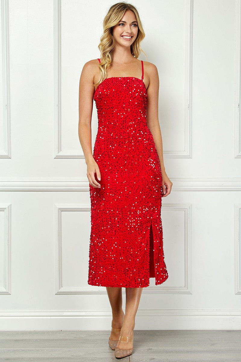 RED VELVET SEQUIN SPAGHETTI STRAP LEG SLITS MIDI DRESS AVD51910W