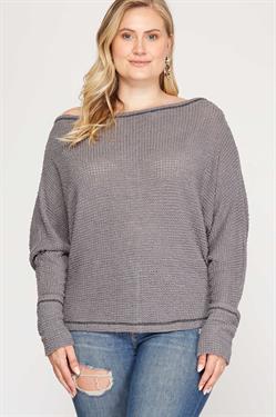 GREY BATWING OFF-SHOULDER REVERSE STITCH PLUS SIZE KNIT TOP S8PSS1152