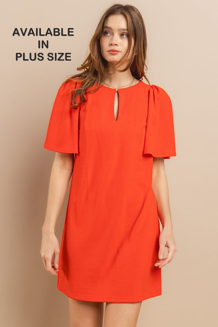 TANGERINE RUFFLED SHORT SLEEVES FRONT KEYHOLE PLUS SIZE MINI DRESS PDU52260SA