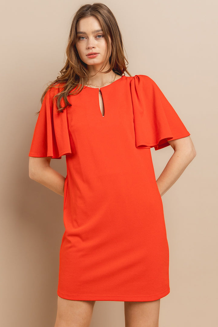 TANGERINE RUFFLED SHORT SLEEVES FRONT KEYHOLE PLUS SIZE MINI DRESS PDU52260SA