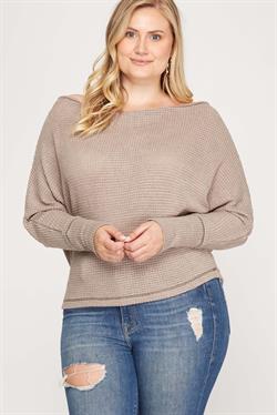 MOCHA BATWING OFF-SHOULDER REVERSE STITCH PLUS SIZE KNIT TOP S8PSS1152