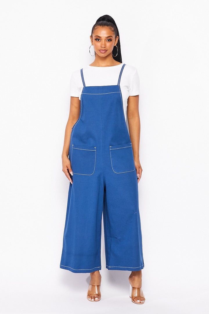 NAVY BLUE FRONT POCKETS WIDE LEG JUMPSUIT AMR111