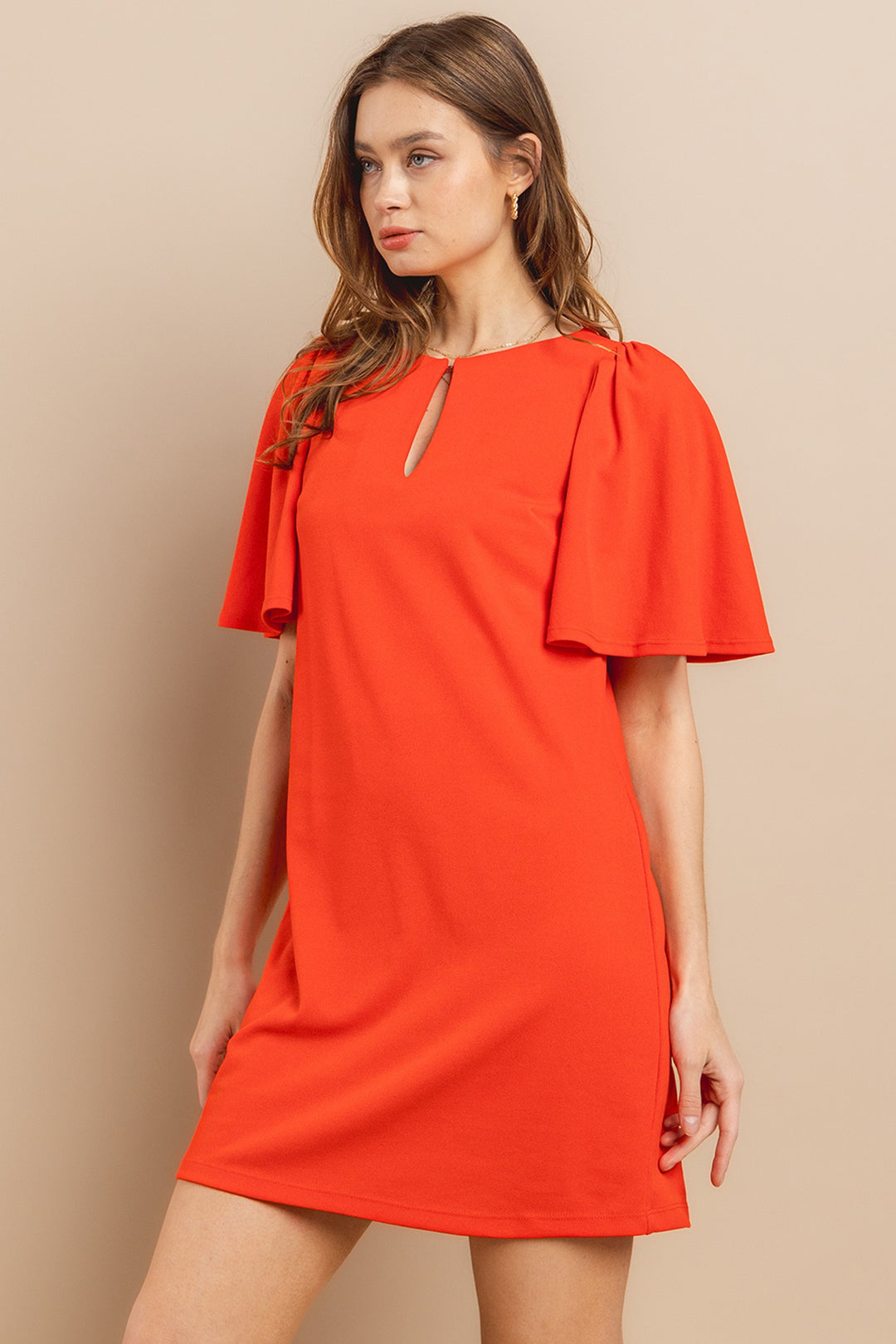 TANGERINE RUFFLED SHORT SLEEVES FRONT KEYHOLE PLUS SIZE MINI DRESS PDU52260SA