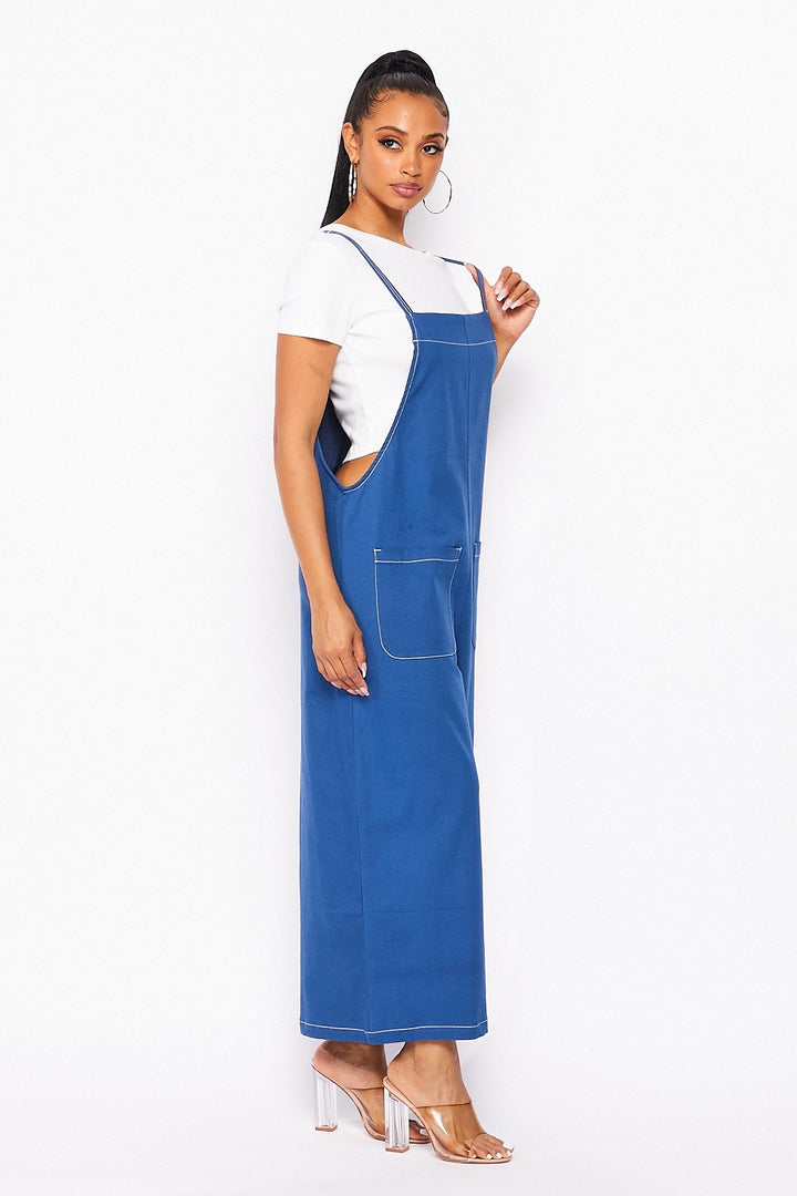 NAVY BLUE FRONT POCKETS WIDE LEG JUMPSUIT AMR111