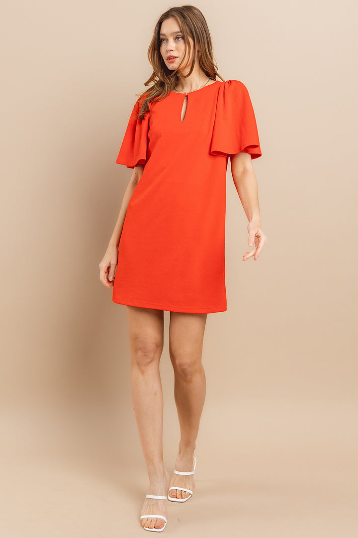 TANGERINE RUFFLED SHORT SLEEVES FRONT KEYHOLE PLUS SIZE MINI DRESS PDU52260SA