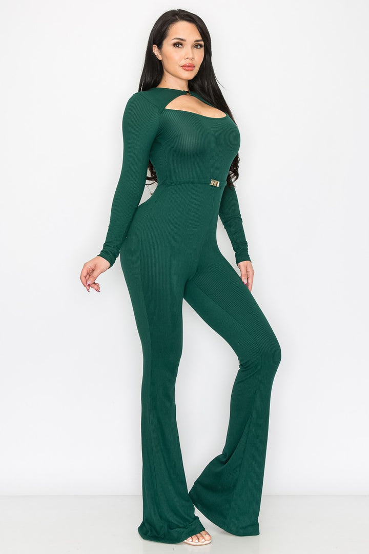 HUNTER GREEN BLUSH RIB BUCKLE WAIST DETAILED JUMPSUIT SP9792J