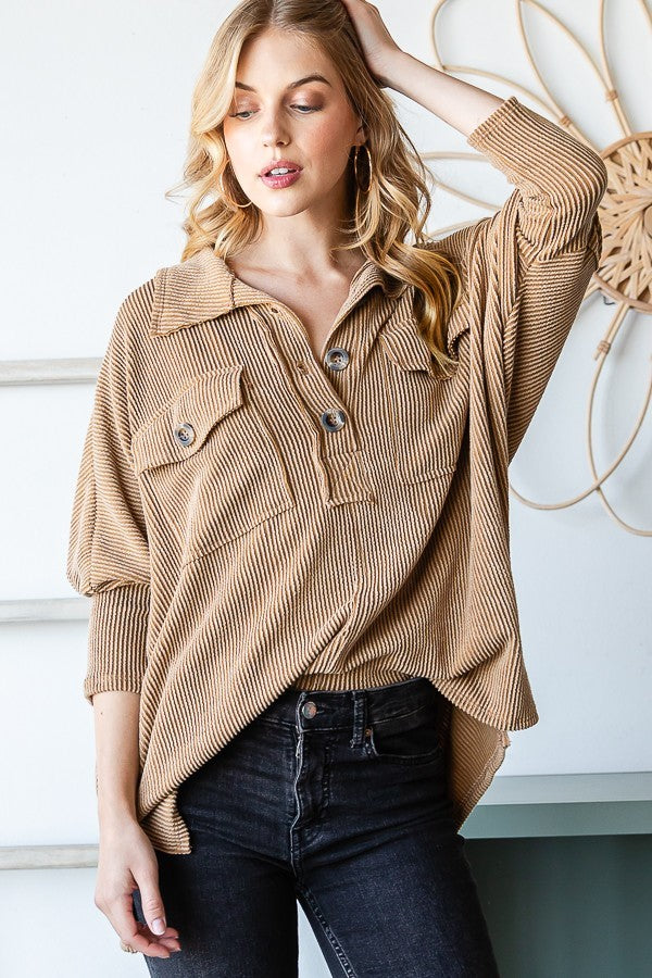 MOCHA COLLARED BUTTON-UP OVERSIZE TOP RJT4302-RIB9