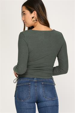 SLATE GREEN BRUSHED RIB KNIT DRAWSTRING RUCHED SIDES TOP S8SS6295