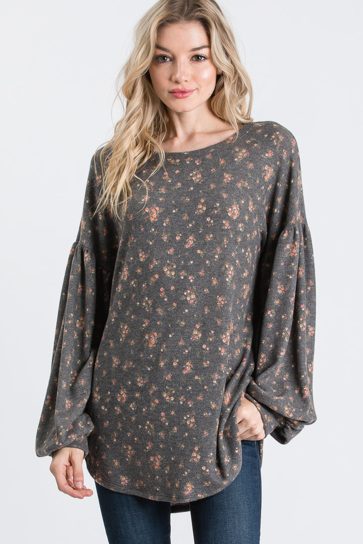 GREY FLORAL PRINT LONG SLEEVES KNIT TUNIC TOP SO3346T