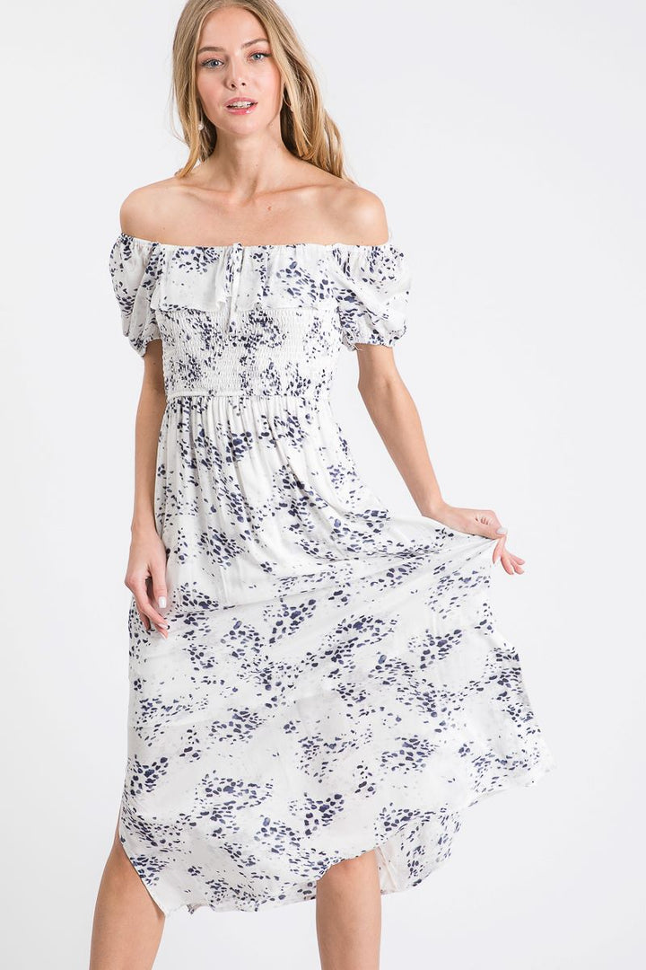 NAVY RUFFLED OFF-SHOULDER SMOCKED MIDI DRESS SO3389D