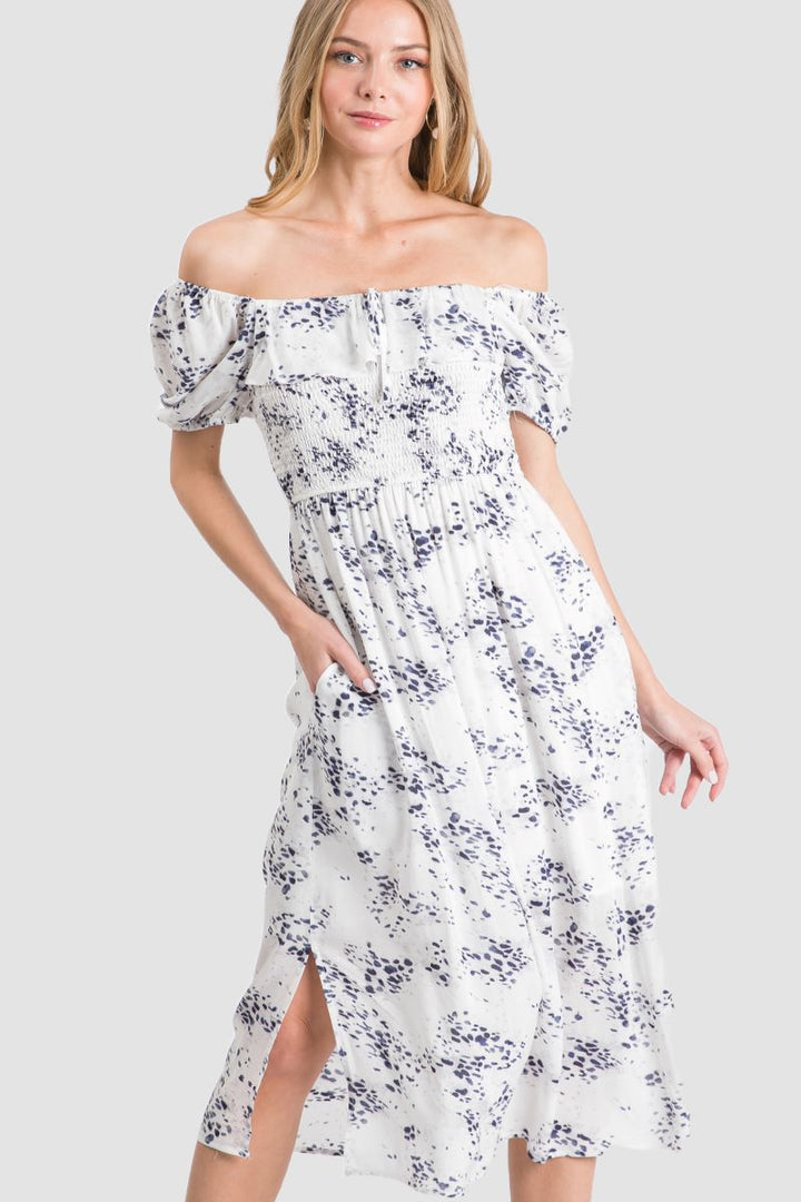 NAVY RUFFLED OFF-SHOULDER SMOCKED MIDI DRESS SO3389D