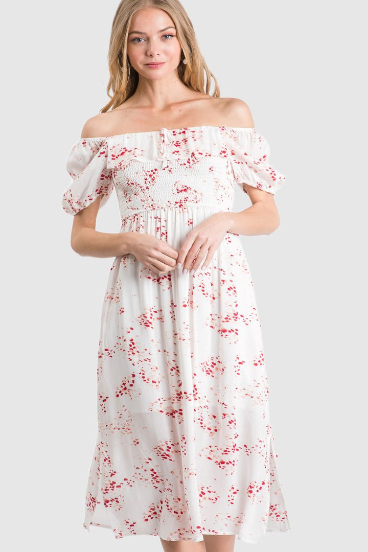 APRICOT RUFFLED OFF-SHOULDER SMOCKED MIDI DRESS SO3389D