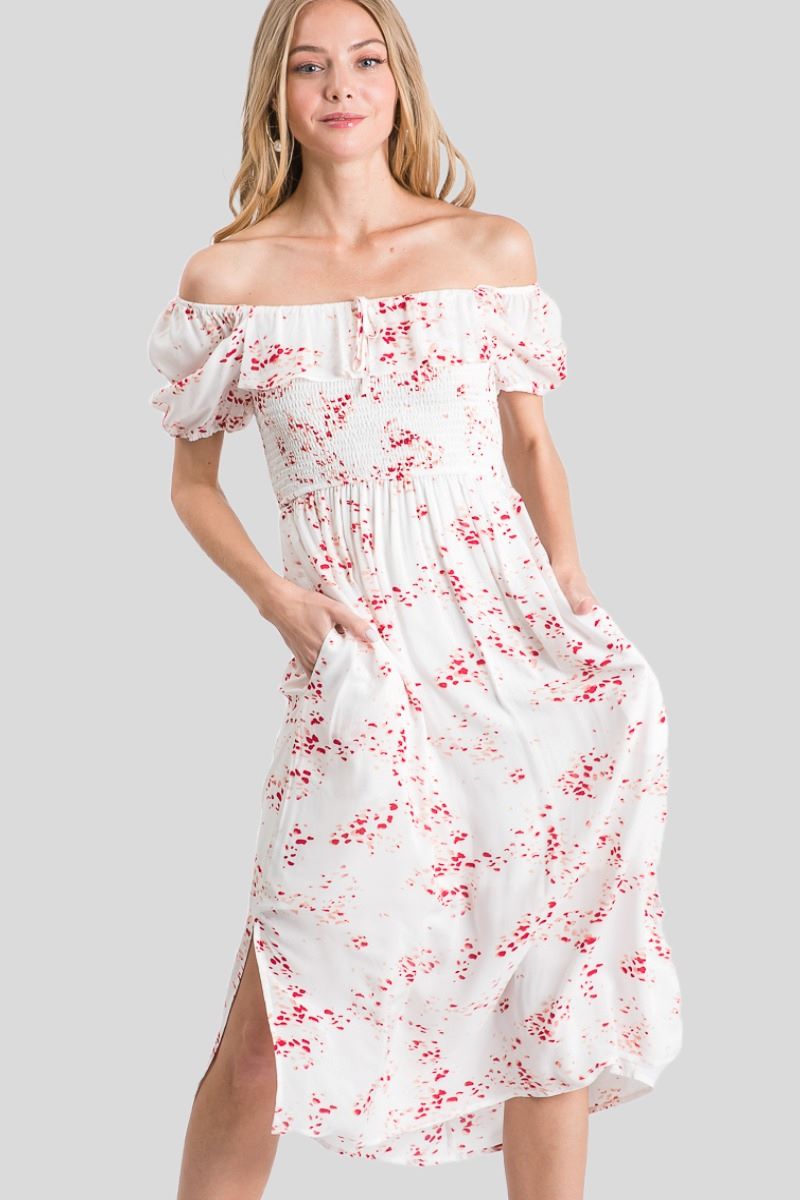 APRICOT RUFFLED OFF-SHOULDER SMOCKED MIDI DRESS SO3389D