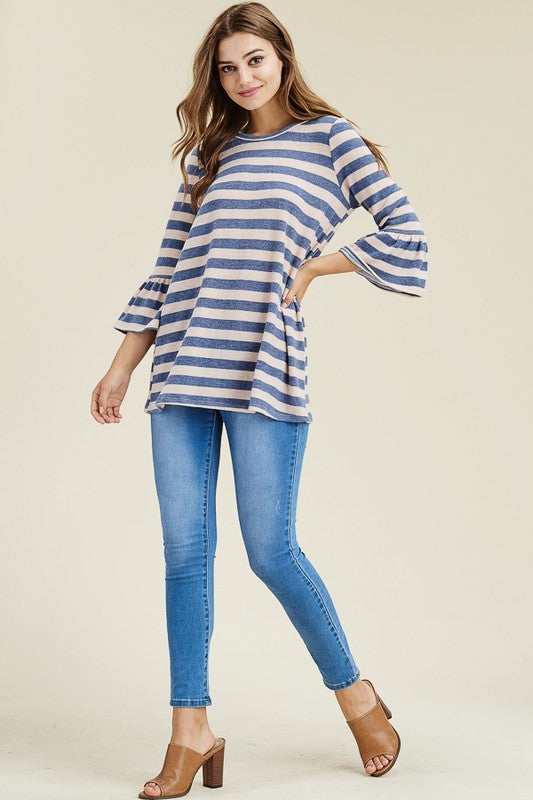 STRIPED ROUND NECK BELL 3/4 SLEEVES LOOSE FIT TOP RJT8458-HC10