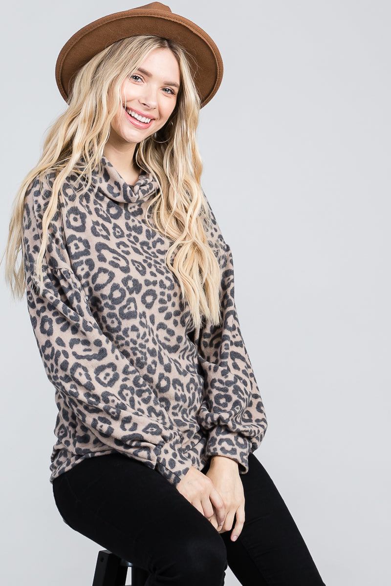 GREY ANIMAL PRINT MOCK NECK LONG SLEEVES KNIT TUNIC TOP SO3421T