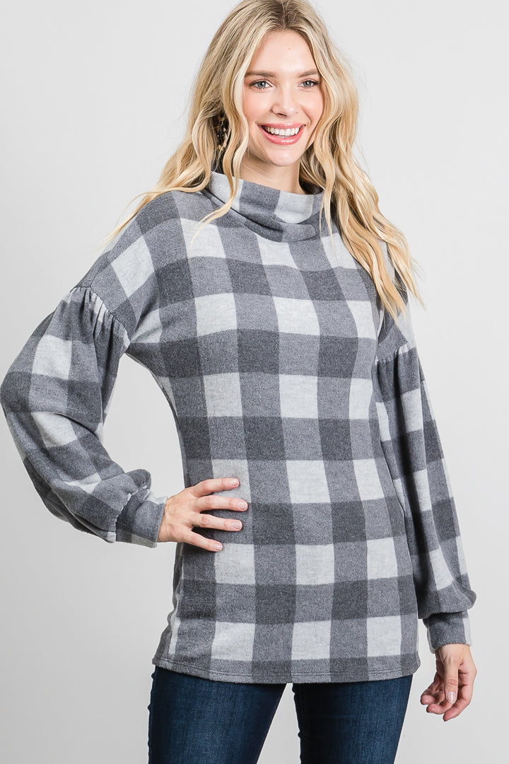 GREY PLAID MOCK NECK LONG SLEEVES KNIT TUNIC TOP SO3421T