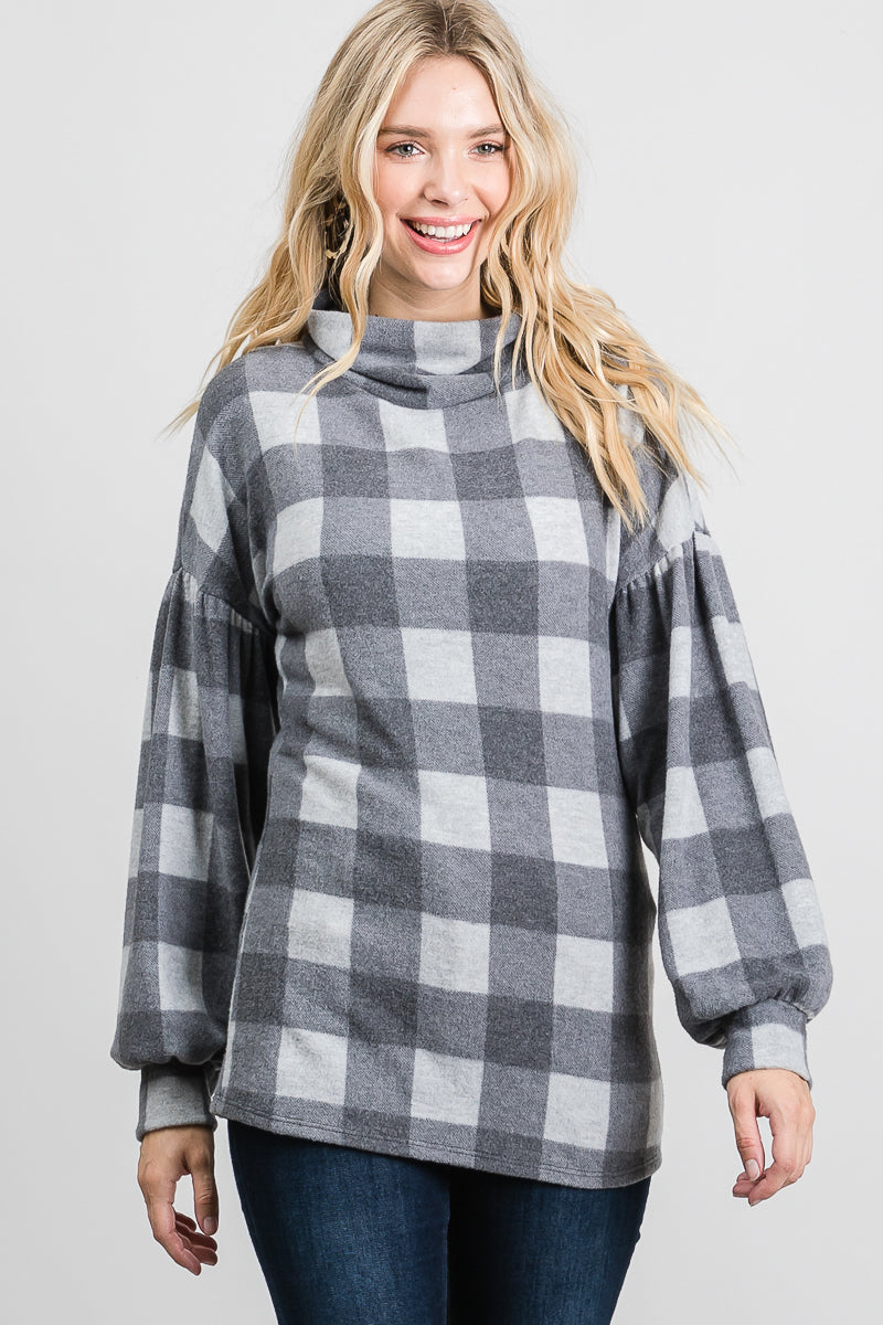 GREY PLAID MOCK NECK LONG SLEEVES KNIT TUNIC TOP SO3421T