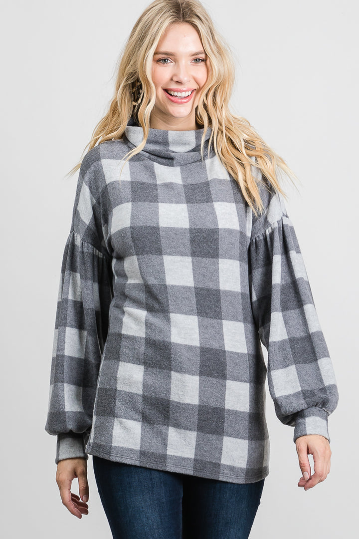 GREY PLAID MOCK NECK LONG SLEEVES KNIT TUNIC TOP SO3421T