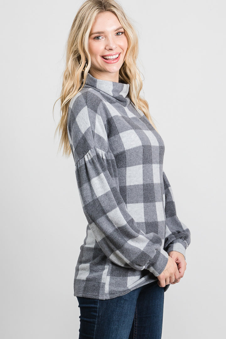 GREY PLAID MOCK NECK LONG SLEEVES KNIT TUNIC TOP SO3421T