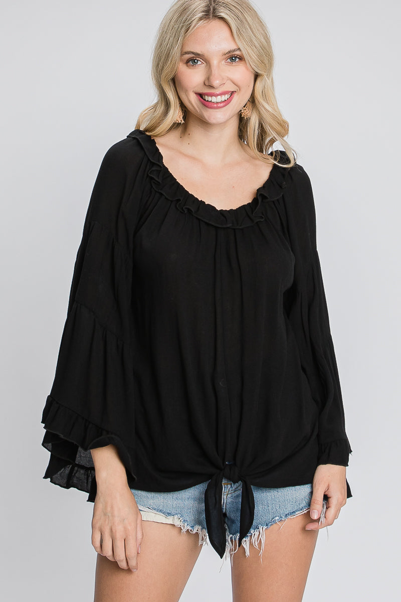 BLACK RUFFLED OFF-SHOULDER BELL LONG SLEEVES TOP SO3438T