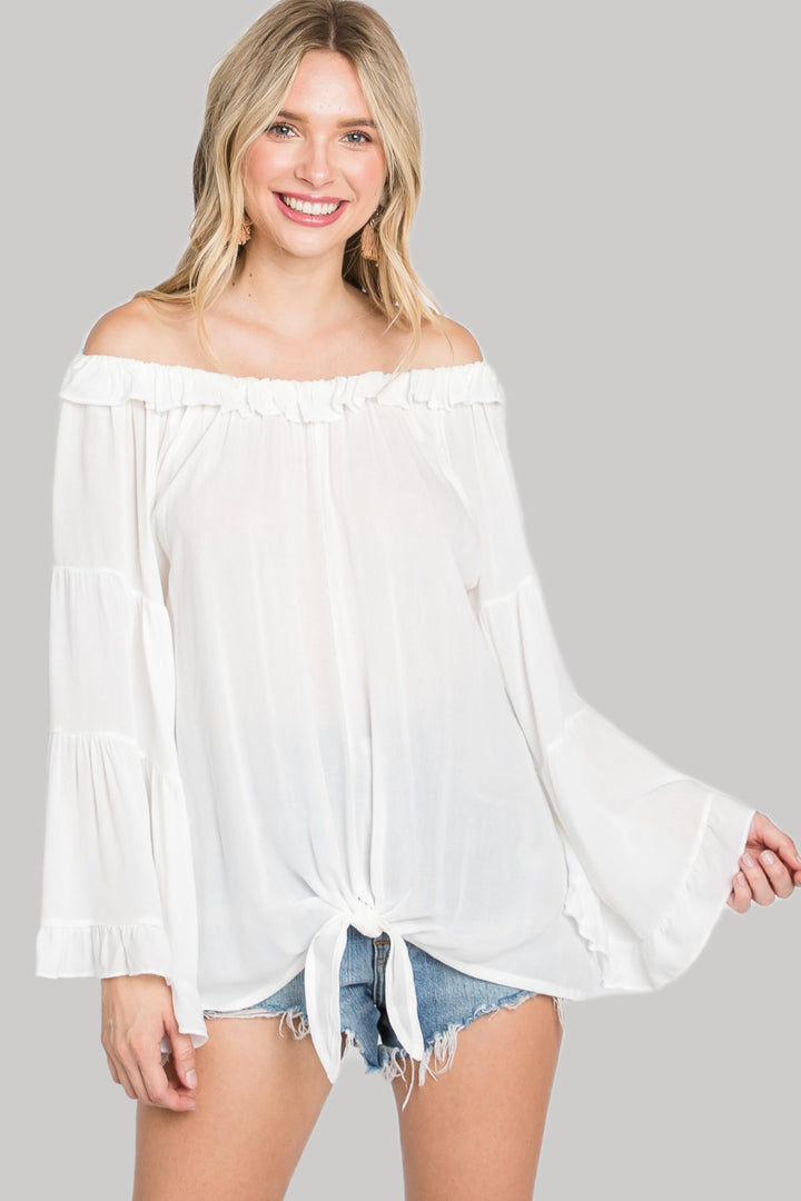 WHITE RUFFLED OFF-SHOULDER BELL LONG SLEEVES TOP SO3438T