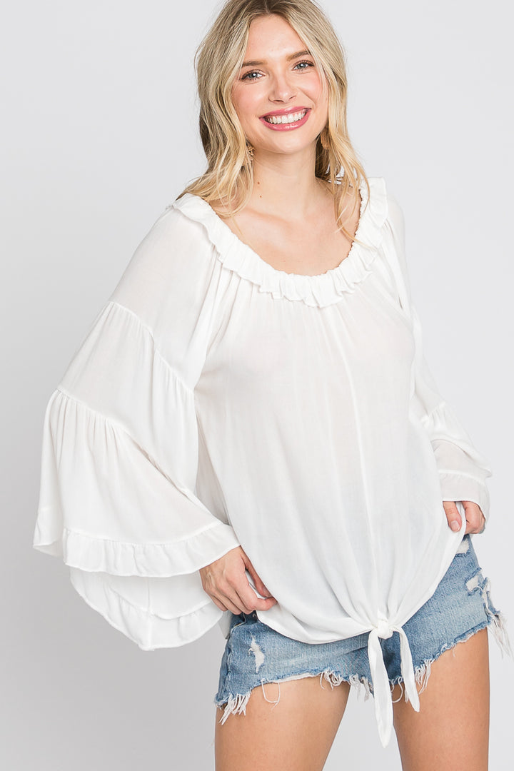 WHITE RUFFLED OFF-SHOULDER BELL LONG SLEEVES TOP SO3438T