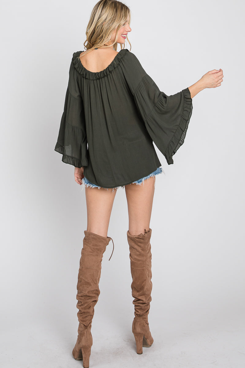 OLIVE RUFFLED OFF-SHOULDER BELL LONG SLEEVES TOP SO3438T