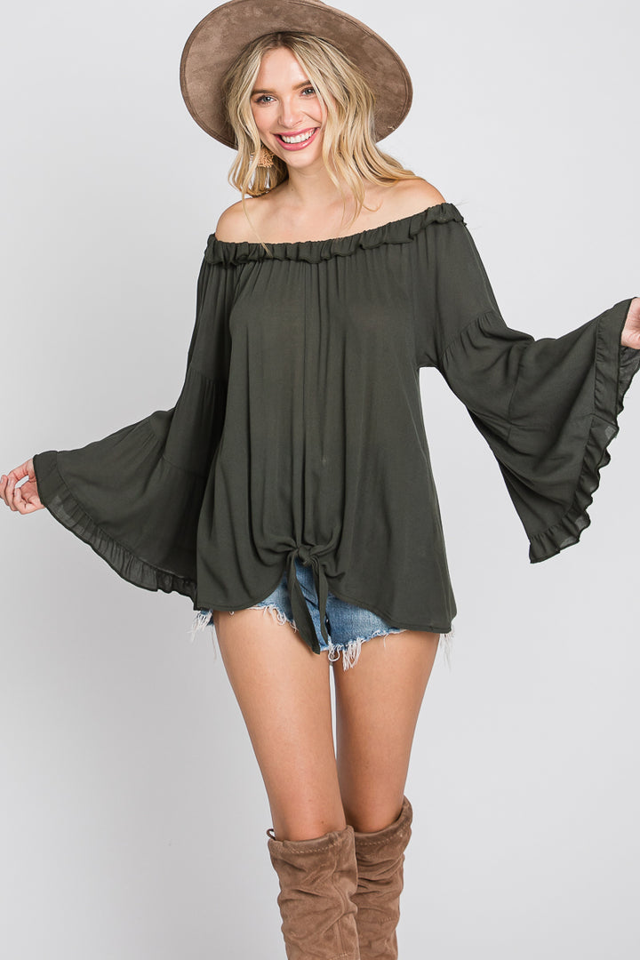 OLIVE RUFFLED OFF-SHOULDER BELL LONG SLEEVES TOP SO3438T