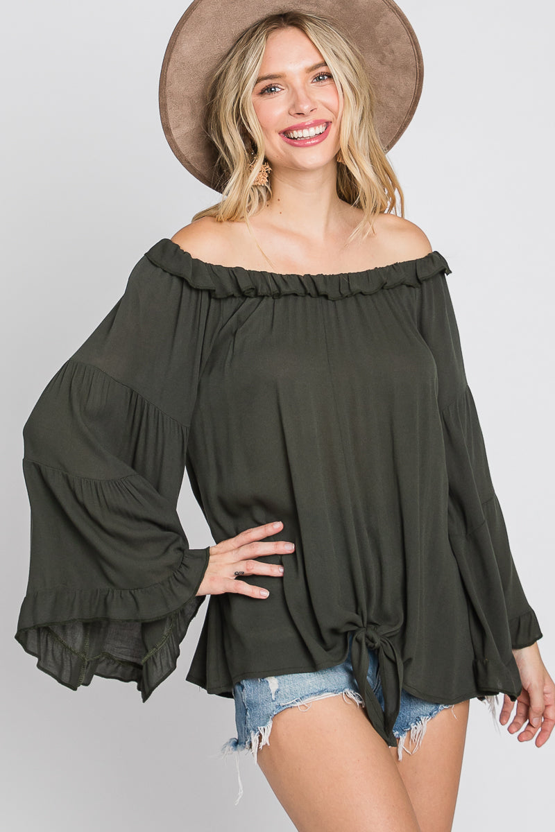 OLIVE RUFFLED OFF-SHOULDER BELL LONG SLEEVES TOP SO3438T