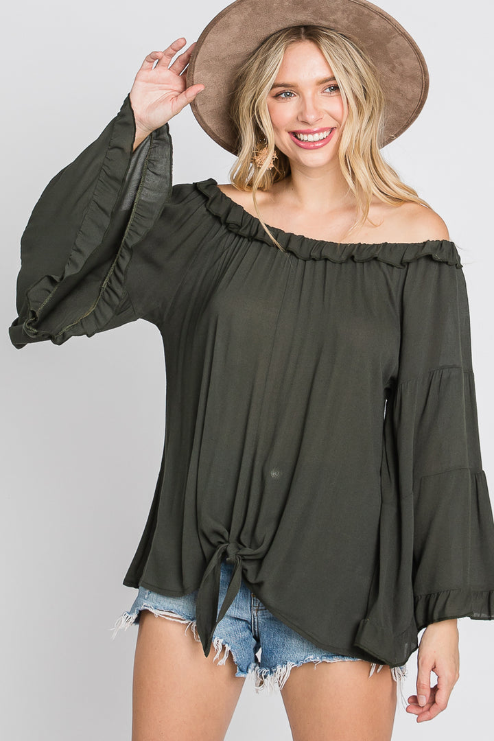 OLIVE RUFFLED OFF-SHOULDER BELL LONG SLEEVES TOP SO3438T