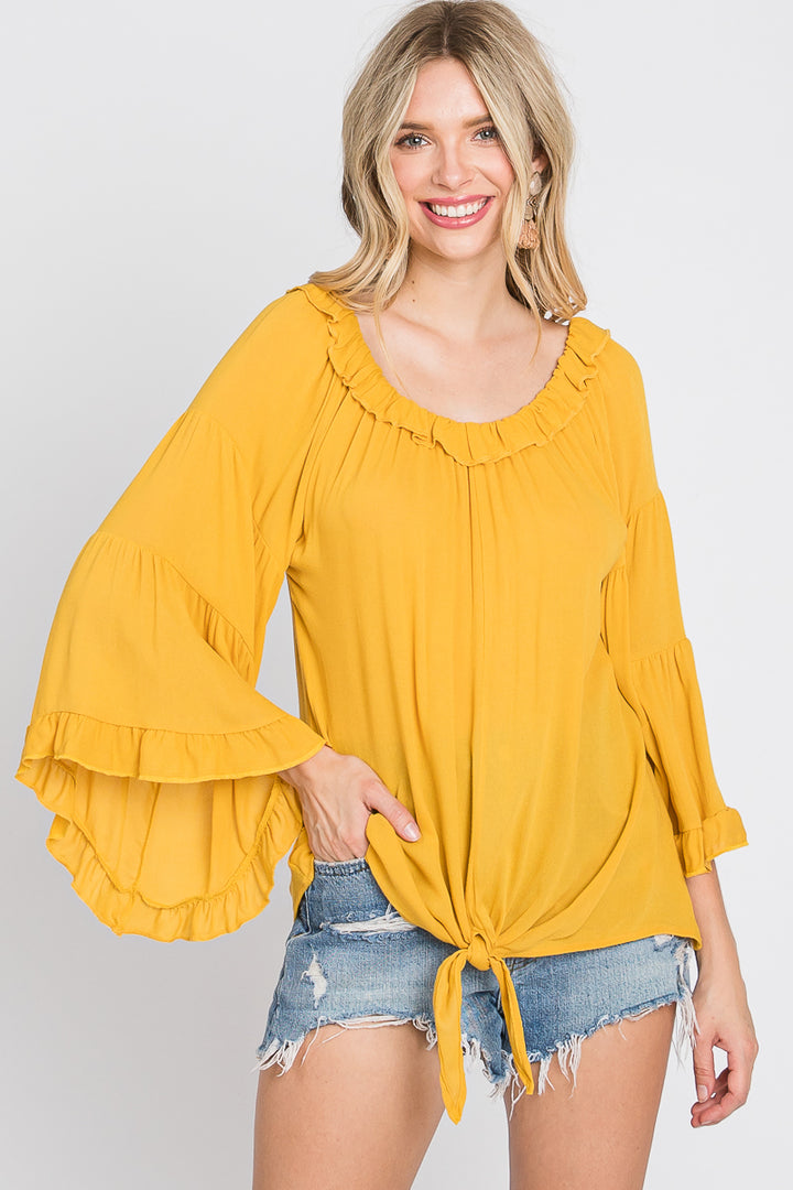 YELLOW RUFFLED OFF-SHOULDER BELL LONG SLEEVES TOP SO3438T